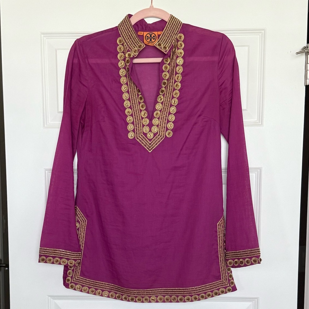 Tory Burch Gold and Purple Embellished Tunic with 3/4 Sleeves